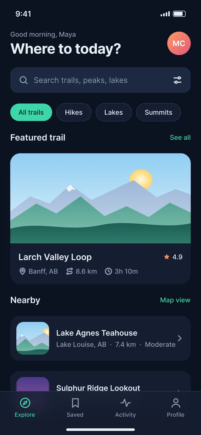 Ridgeline home screen in dark mode made in FigCraft