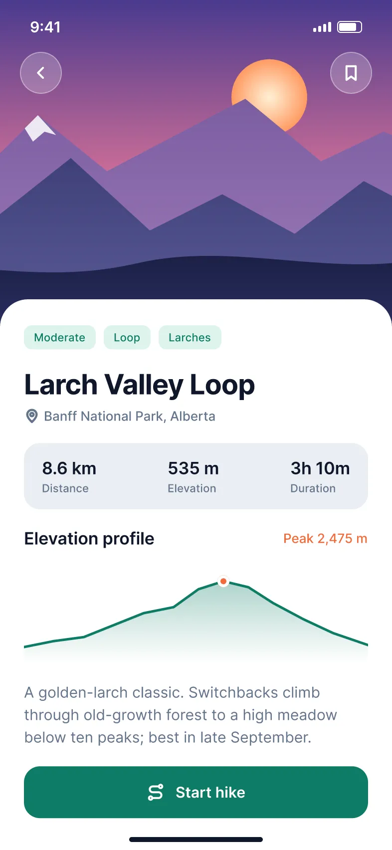 Ridgeline trail detail screen with an elevation profile made in FigCraft
