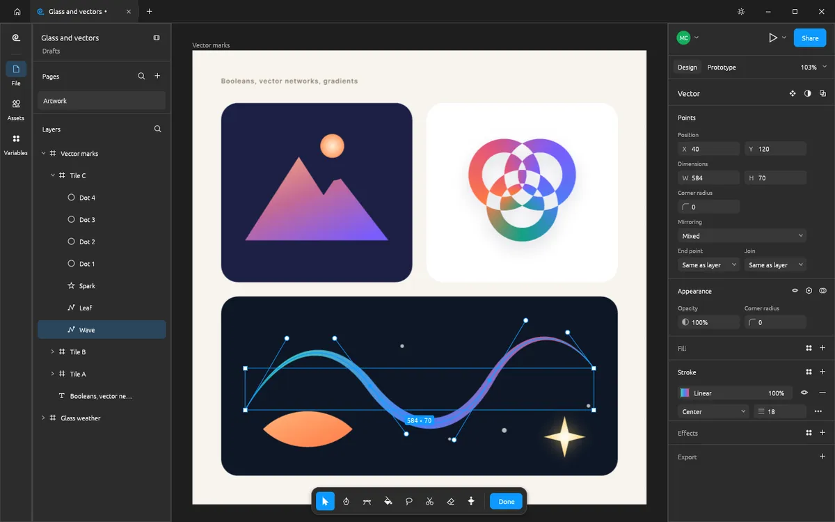 Vector edit mode on a variable-width stroke in FigCraft